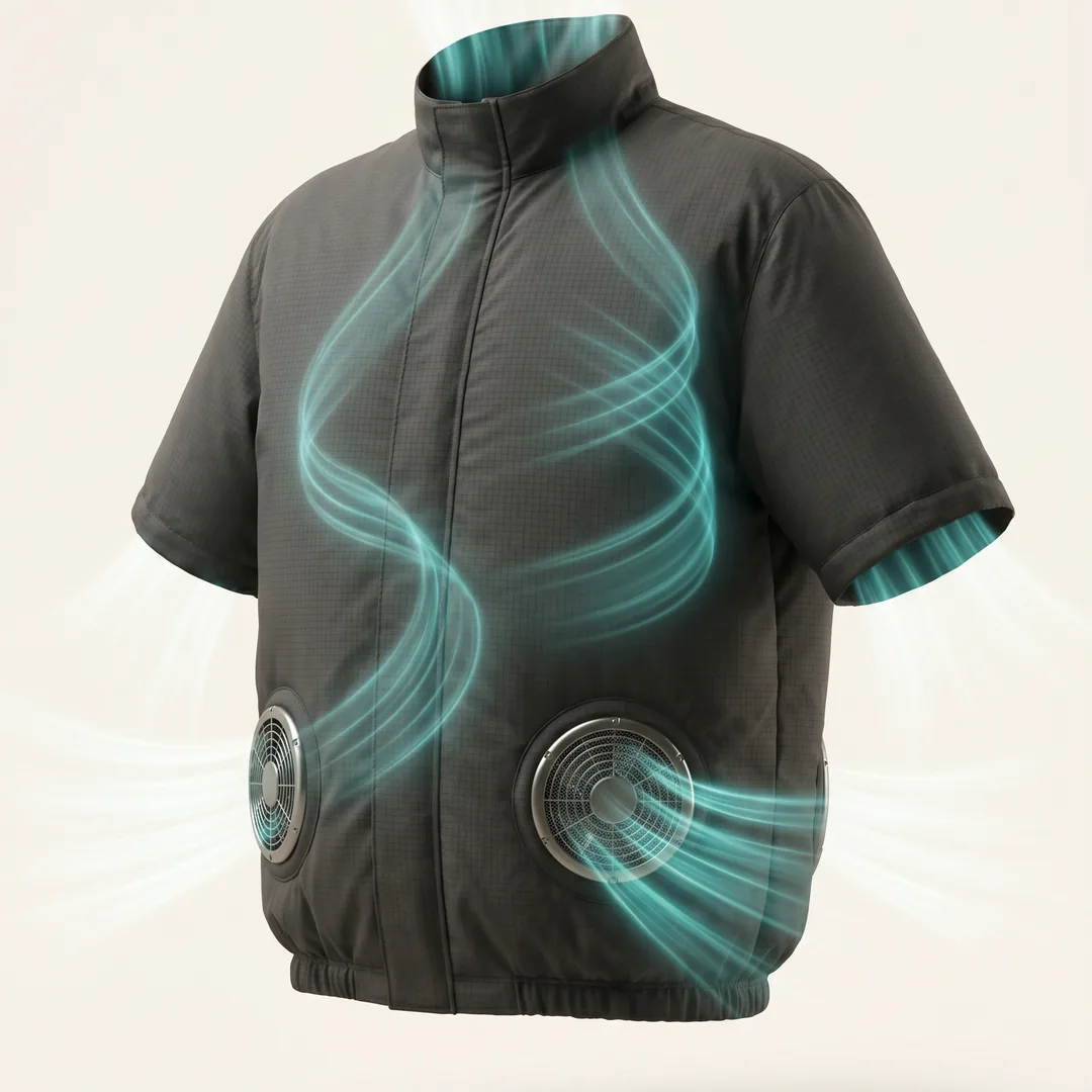 Fan-cooled work jacket concept: air enters through two fans and flows out at the collar and cuffs
